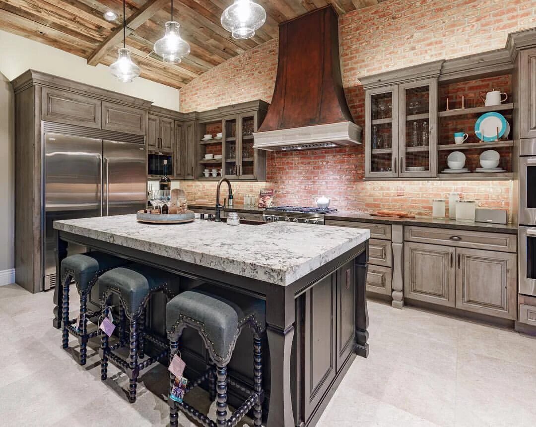 Kitchen with brick barrel ceiling and island seating