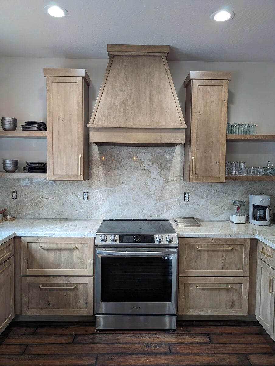 Driftwood finish kitchen with hood and open shelving